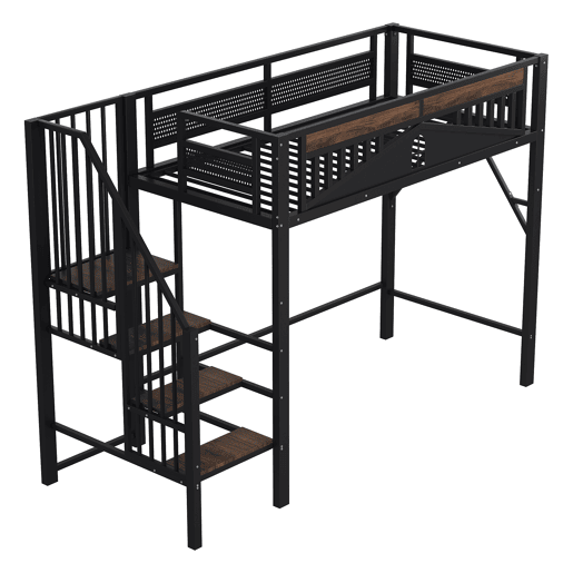 Cama alta metálica 90x200 cm - Com proteção de segurança exclusiva com janela, escada de segurança, espaço sob a cama para cobertura de tecido - Preta
