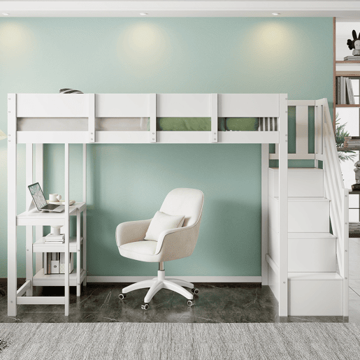Cama alta multifuncional 90x200 cm - com arrumação, estrutura em madeira maciça de pinho, com estrado, para crianças e adolescentes - Branco