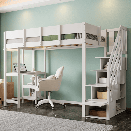 Cama alta multifuncional 90x200 cm - com arrumação, estrutura em madeira maciça de pinho, com estrado, para crianças e adolescentes - Branco