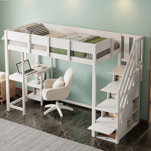 Cama alta multifuncional 90x200 cm - com arrumação, estrutura em madeira maciça de pinho, com estrado, para crianças e adolescentes - Branco