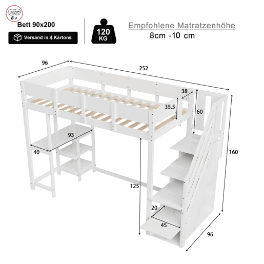 Cama alta multifuncional 90x200 cm - com arrumação, estrutura em madeira maciça de pinho, com estrado, para crianças e adolescentes - Branco