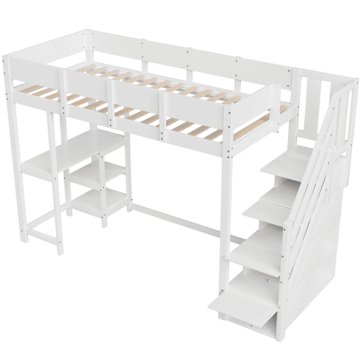 Cama alta multifuncional 90x200 cm - com arrumação, estrutura em madeira maciça de pinho, com estrado, para crianças e adolescentes - Branco