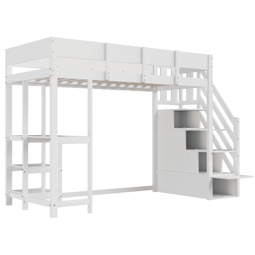 Cama alta multifuncional 90x200 cm - com arrumação, estrutura em madeira maciça de pinho, com estrado, para crianças e adolescentes - Branco
