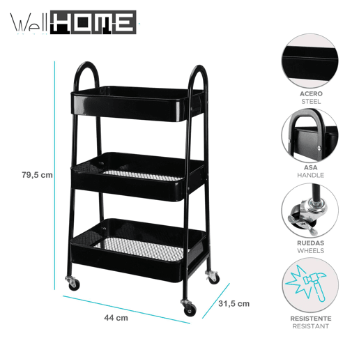 Carrinho de cozinha Well Home com 3 cestos e rodas.