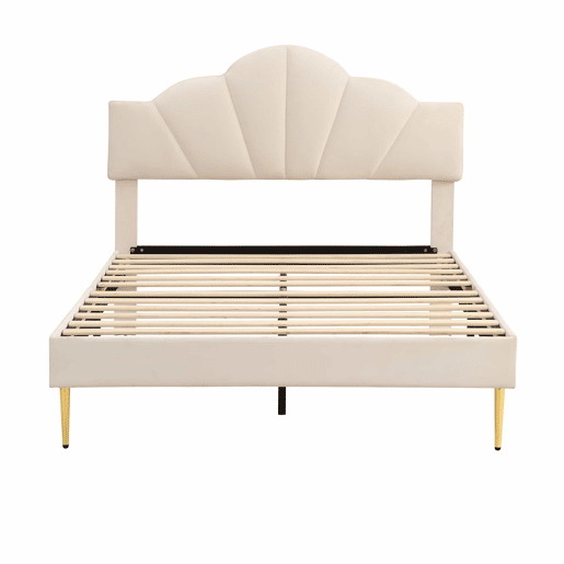 Cama de criança em veludo - 140x190cm - cabeceira em forma de concha - Bege
