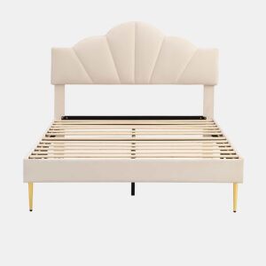 Cama de criança em veludo - 140x190cm - cabeceira em forma de concha - Bege