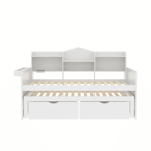 Sofá-cama 90x200 - Cama extensível 90x190 com duas gavetas, grande compartimento de arrumação e cesto, porta USB - Branco Sofá-cama 90x200 - Cama extensível 90x190 com duas gavetas, grande compartimento de arrumação e cesto, porta USB - Branco