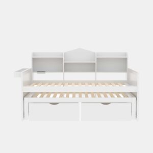 Sofá-cama 90x200 - Cama extensível 90x190 com duas gavetas, grande compartimento de arrumação e cesto, porta USB - Branco