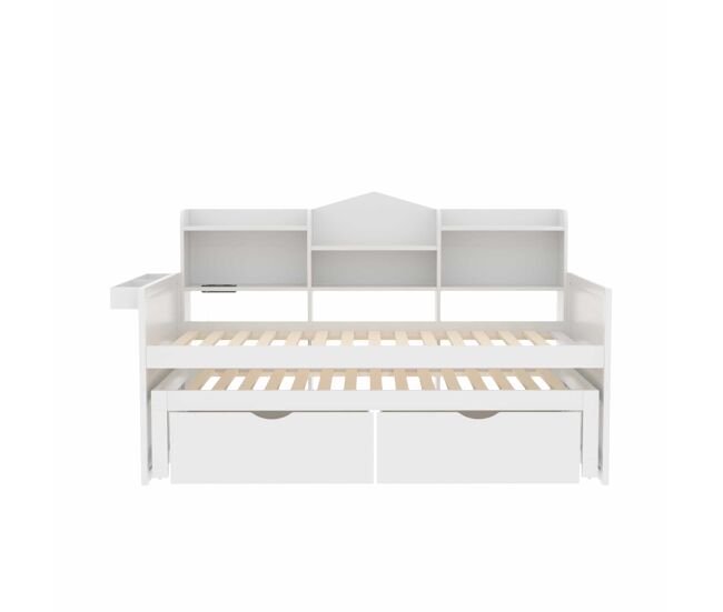 Sofá cama 90x200 - cama extensible 90x190 con dos cajones, gran compartimento de almacenamiento y cesta, puerto usb - blanco