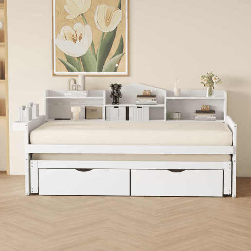 Sofá-cama 90x200 - Cama extensível 90x190 com duas gavetas, grande compartimento de arrumação e cesto, porta USB - Branco Sofá-cama 90x200 - Cama extensível 90x190 com duas gavetas, grande compartimento de arrumação e cesto, porta USB - Branco
