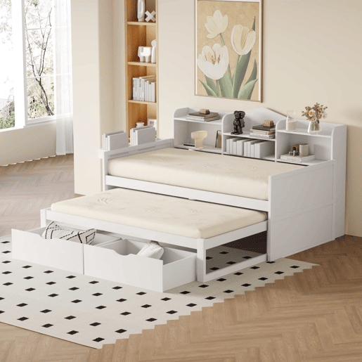 Sofá-cama 90x200 - Cama extensível 90x190 com duas gavetas, grande compartimento de arrumação e cesto, porta USB - Branco Sofá-cama 90x200 - Cama extensível 90x190 com duas gavetas, grande compartimento de arrumação e cesto, porta USB - Branco
