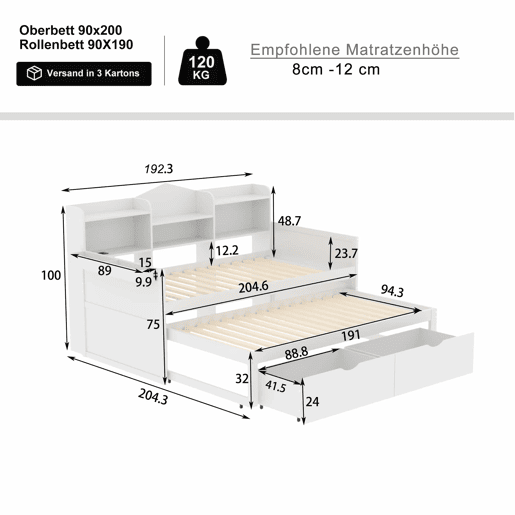 Sofá-cama 90x200 - Cama extensível 90x190 com duas gavetas, grande compartimento de arrumação e cesto, porta USB - Branco Sofá-cama 90x200 - Cama extensível 90x190 com duas gavetas, grande compartimento de arrumação e cesto, porta USB - Branco