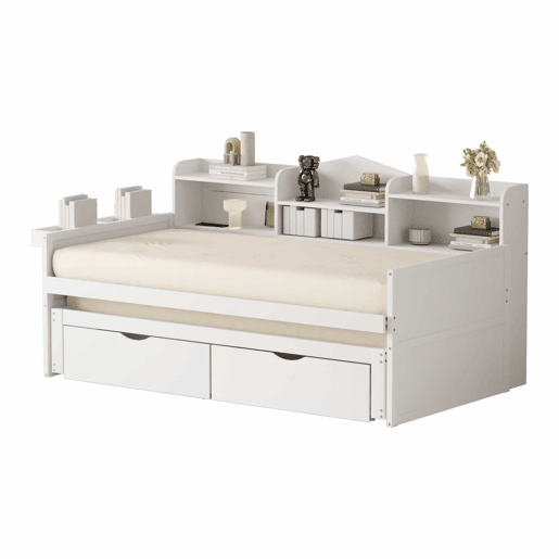 Sofá-cama 90x200 - Cama extensível 90x190 com duas gavetas, grande compartimento de arrumação e cesto, porta USB - Branco Sofá-cama 90x200 - Cama extensível 90x190 com duas gavetas, grande compartimento de arrumação e cesto, porta USB - Branco