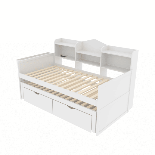 Sofá-cama 90x200 - Cama extensível 90x190 com duas gavetas, grande compartimento de arrumação e cesto, porta USB - Branco Sofá-cama 90x200 - Cama extensível 90x190 com duas gavetas, grande compartimento de arrumação e cesto, porta USB - Branco
