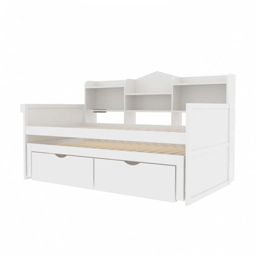 Sofá-cama 90x200 - Cama extensível 90x190 com duas gavetas, grande compartimento de arrumação e cesto, porta USB - Branco Sofá-cama 90x200 - Cama extensível 90x190 com duas gavetas, grande compartimento de arrumação e cesto, porta USB - Branco