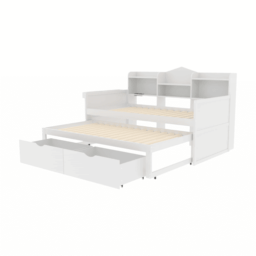 Sofá-cama 90x200 - Cama extensível 90x190 com duas gavetas, grande compartimento de arrumação e cesto, porta USB - Branco Sofá-cama 90x200 - Cama extensível 90x190 com duas gavetas, grande compartimento de arrumação e cesto, porta USB - Branco