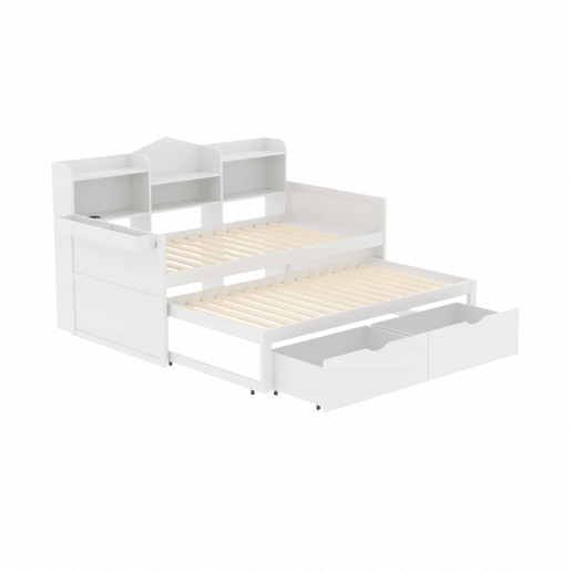 Sofá-cama 90x200 - Cama extensível 90x190 com duas gavetas, grande compartimento de arrumação e cesto, porta USB - Branco Sofá-cama 90x200 - Cama extensível 90x190 com duas gavetas, grande compartimento de arrumação e cesto, porta USB - Branco