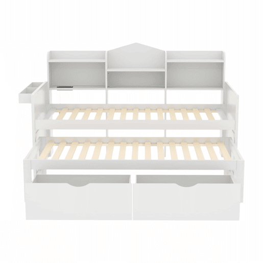 Sofá-cama 90x200 - Cama extensível 90x190 com duas gavetas, grande compartimento de arrumação e cesto, porta USB - Branco Sofá-cama 90x200 - Cama extensível 90x190 com duas gavetas, grande compartimento de arrumação e cesto, porta USB - Branco