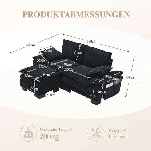 Sofá modular de 2 lugares com apoio para os pés u2013 assento amplo, design ergonómico, espuma de alta densidade, porta USB-C e bolsos laterais u2013 preto