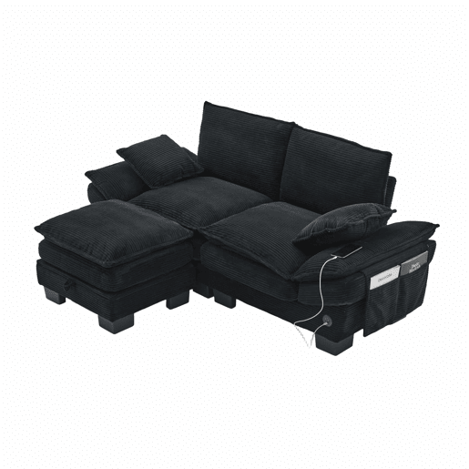Sofá modular de 2 lugares com apoio para os pés u2013 assento amplo, design ergonómico, espuma de alta densidade, porta USB-C e bolsos laterais u2013 preto
