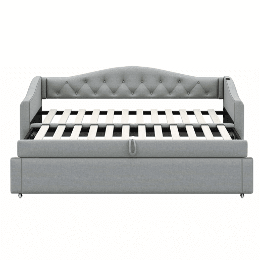 Cama com gavetão de linho 90x200cm e 90x190cm - com porta USB e estrado - Cinzento