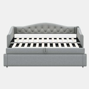 Cama com gavetão de linho 90x200cm e 90x190cm - com porta USB e estrado - Cinzento