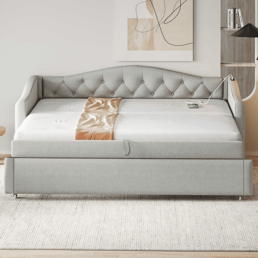 Cama com gavetão de linho 90x200cm e 90x190cm - com porta USB e estrado - Cinzento