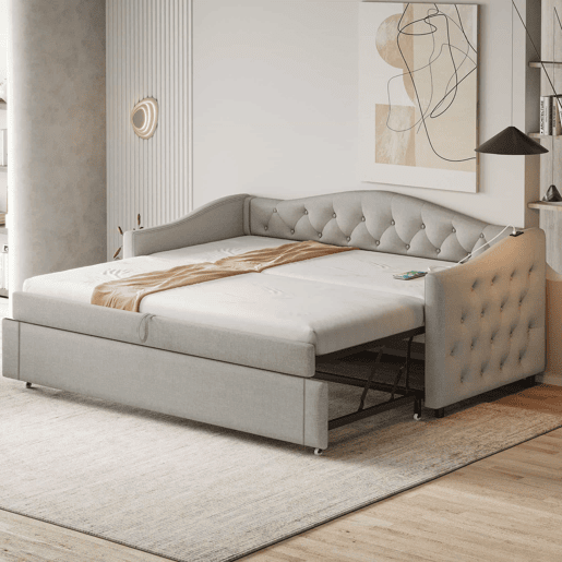 Cama com gavetão de linho 90x200cm e 90x190cm - com porta USB e estrado - Cinzento