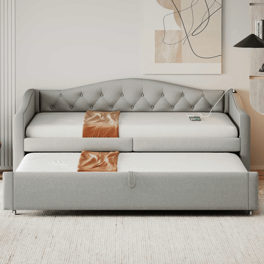 Cama com gavetão de linho 90x200cm e 90x190cm - com porta USB e estrado - Cinzento