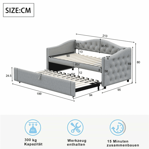 Cama com gavetão de linho 90x200cm e 90x190cm - com porta USB e estrado - Cinzento