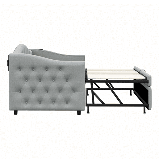 Cama com gavetão de linho 90x200cm e 90x190cm - com porta USB e estrado - Cinzento