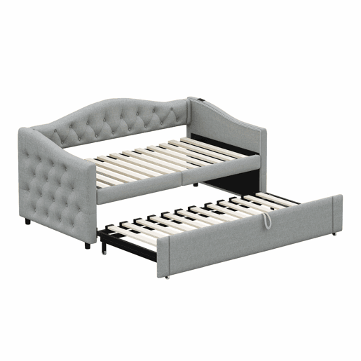 Cama com gavetão de linho 90x200cm e 90x190cm - com porta USB e estrado - Cinzento
