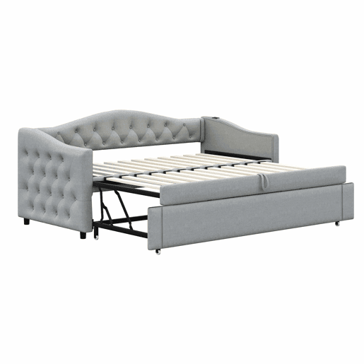 Cama com gavetão de linho 90x200cm e 90x190cm - com porta USB e estrado - Cinzento
