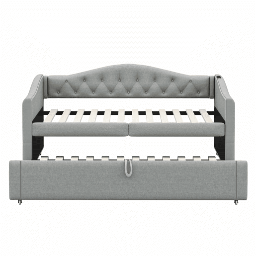 Cama com gavetão de linho 90x200cm e 90x190cm - com porta USB e estrado - Cinzento