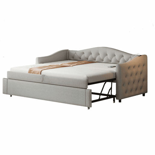 Cama com gavetão de linho 90x200cm e 90x190cm - com porta USB e estrado - Cinzento