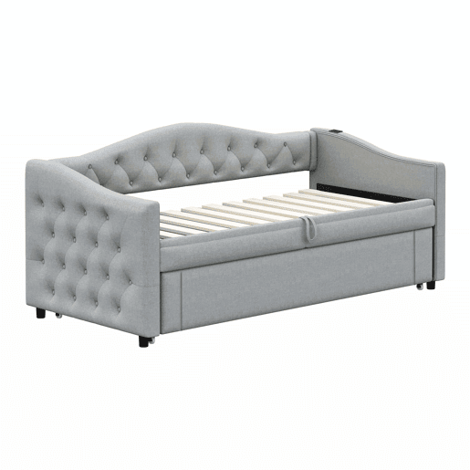 Cama com gavetão de linho 90x200cm e 90x190cm - com porta USB e estrado - Cinzento