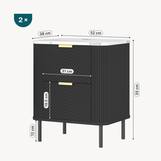 Conjunto de 2 mesas de cabeceira Olvehok com 2 gavetas 55x52x38 cm Preto  Mármore Branco en.casa