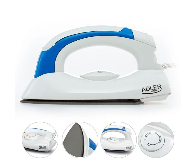 Adler ad5015 plancha ropa vapor viaje, mango plegable, ligera, regulador temperatura, suela antiadherente, 700, blanco/azul