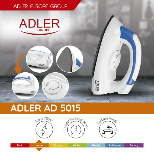Adler AD5015 Ferro a Vapor de Viagem Base Inox, 700, Branco azul Adler AD5015 Ferro a Vapor de Viagem Base Inox, 700, Branco azul