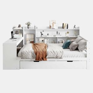 Sofá-cama 140 x 200 cm - Com secretária, prateleiras, compartimentos, tomadas e cama extraível - Branco
