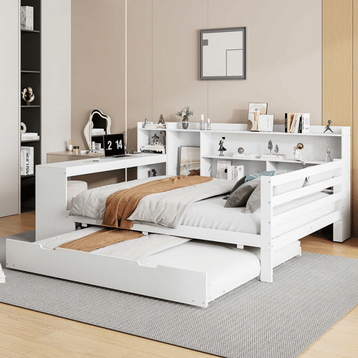 Sofá-cama 140 x 200 cm - Com secretária, prateleiras, compartimentos, tomadas e cama extraível - Branco