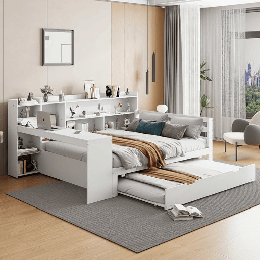 Sofá-cama 140 x 200 cm - Com secretária, prateleiras, compartimentos, tomadas e cama extraível - Branco