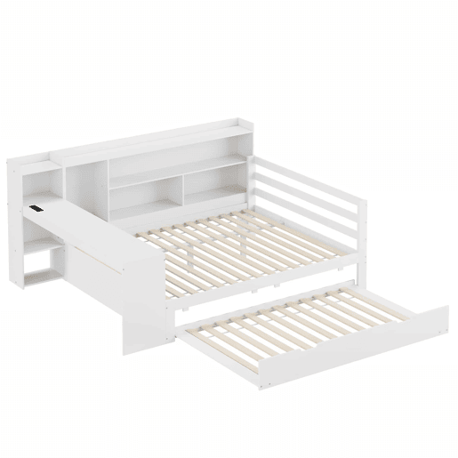 Sofá-cama 140 x 200 cm - Com secretária, prateleiras, compartimentos, tomadas e cama extraível - Branco