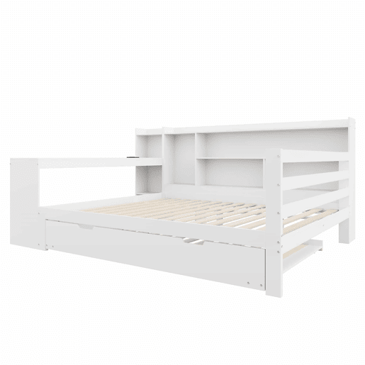 Sofá-cama 140 x 200 cm - Com secretária, prateleiras, compartimentos, tomadas e cama extraível - Branco