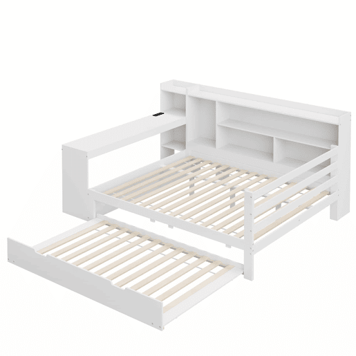 Sofá-cama 140 x 200 cm - Com secretária, prateleiras, compartimentos, tomadas e cama extraível - Branco