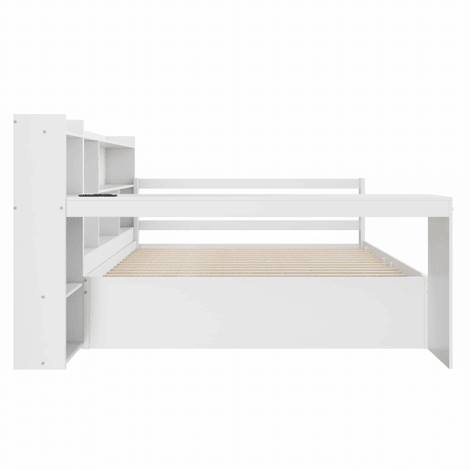 Sofá-cama 140 x 200 cm - Com secretária, prateleiras, compartimentos, tomadas e cama extraível - Branco