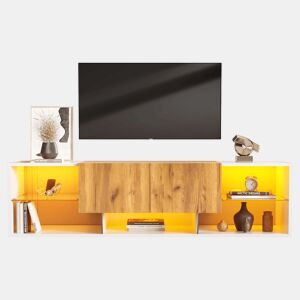 Móvel de TV de 3 níveis para TVs até 70 - Centro de entretenimento moderno com prateleiras de vidro e 2 gavetas - Madeira natural de carvalho + branco antigo