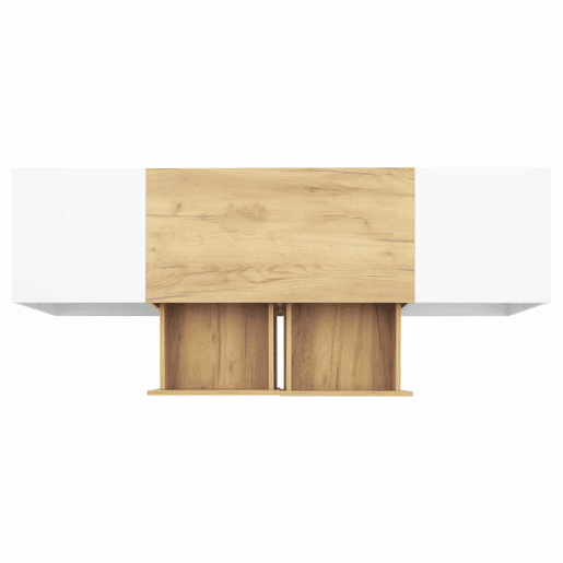 Móvel de TV de 3 níveis para TVs até 70 - Centro de entretenimento moderno com prateleiras de vidro e 2 gavetas - Madeira natural de carvalho + branco antigo