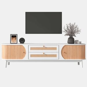Suporte para TV em madeira maciça e rotim 170 cm - 2 gavetas e 2 portas - estilo rústico - natural