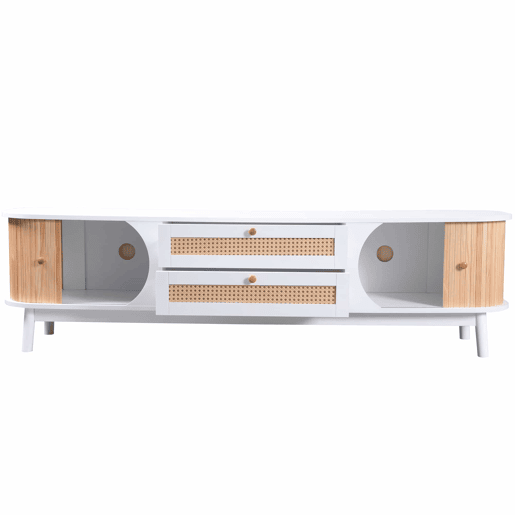 Suporte para TV em madeira maciça e rotim 170 cm - 2 gavetas e 2 portas - estilo rústico - natural